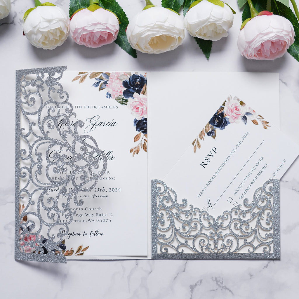 PONATIA  20PCS Silver Laser Cut Wedding Invitations Pockets