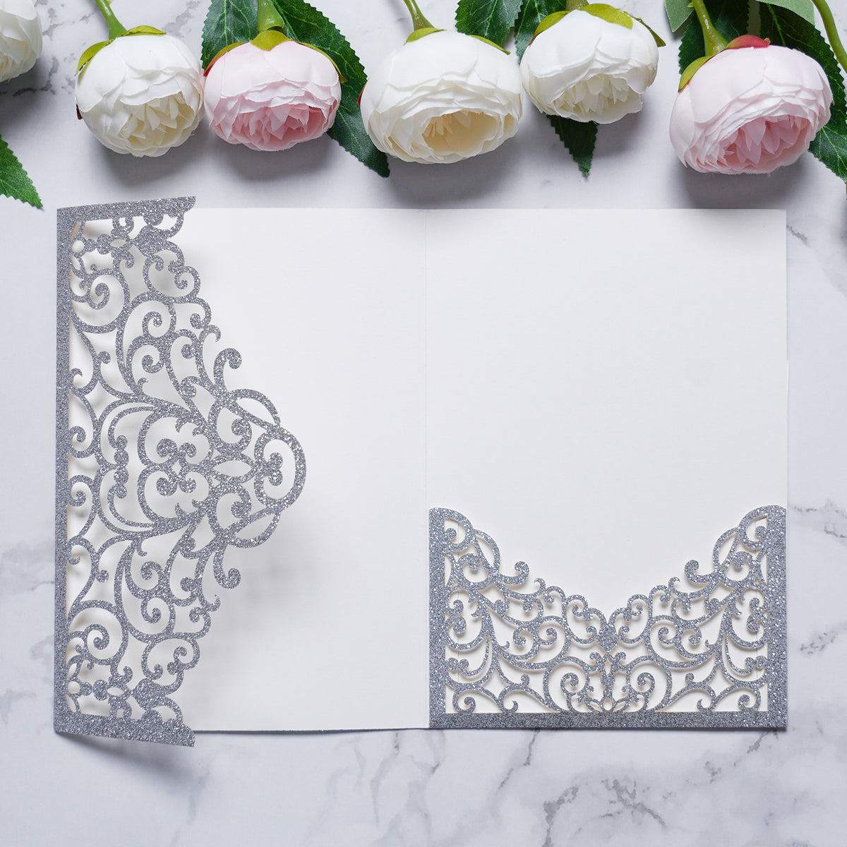 PONATIA  20PCS Silver Laser Cut Wedding Invitations Pockets
