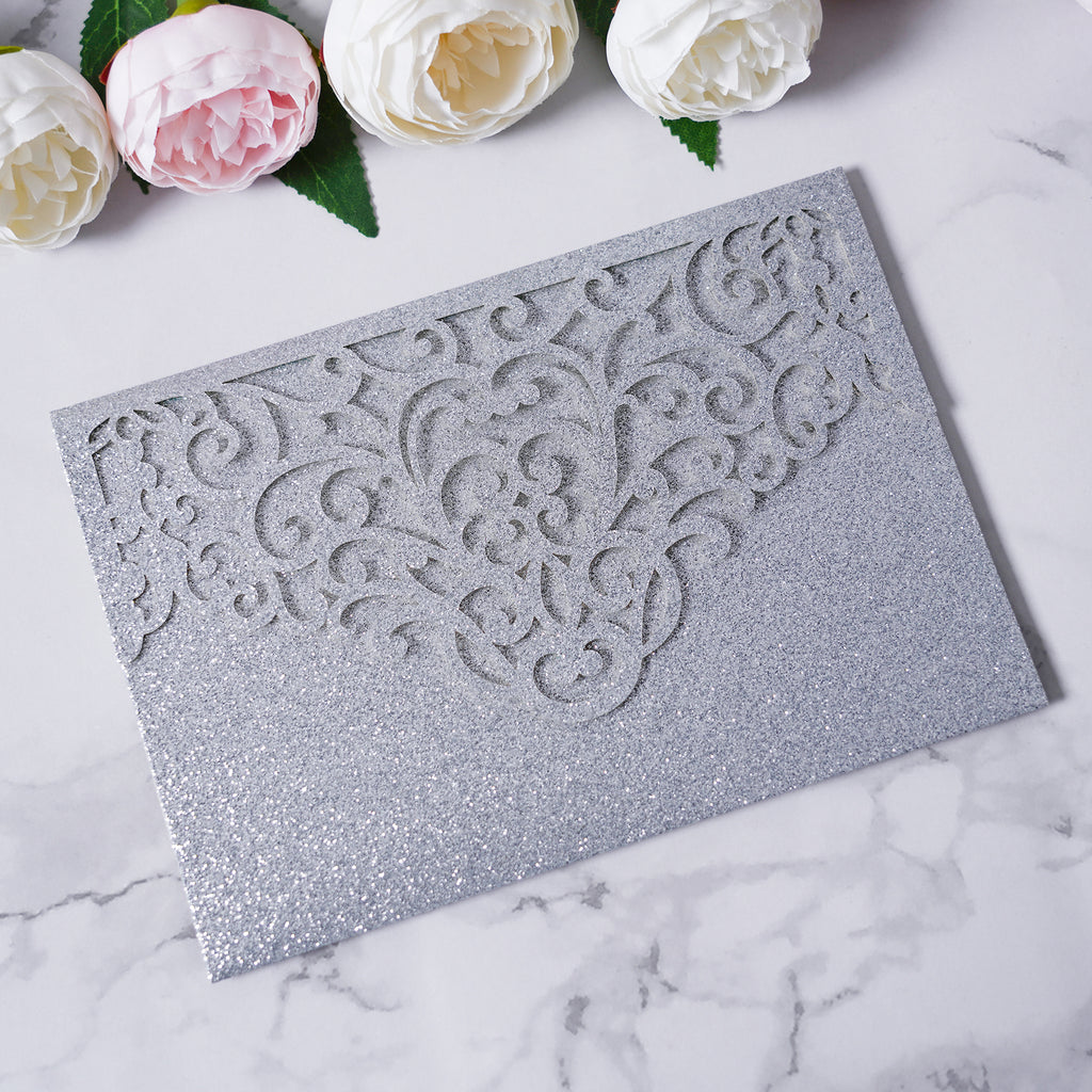 PONATIA  20PCS Silver Laser Cut Wedding Invitations Pockets