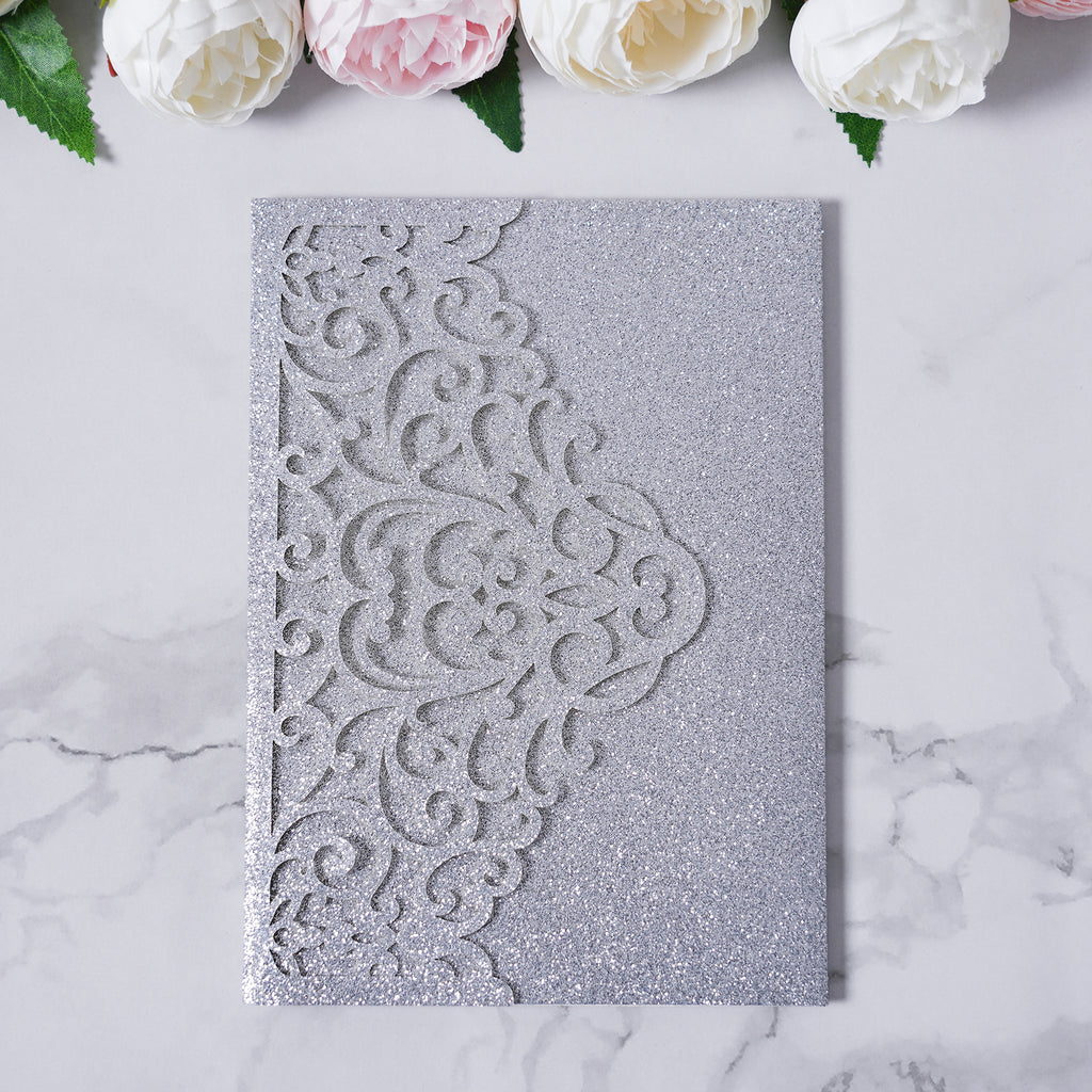 PONATIA  20PCS Silver Laser Cut Wedding Invitations Pockets