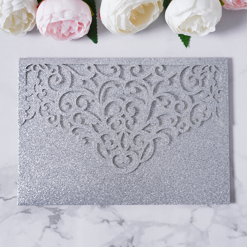 PONATIA  20PCS Silver Laser Cut Wedding Invitations Pockets