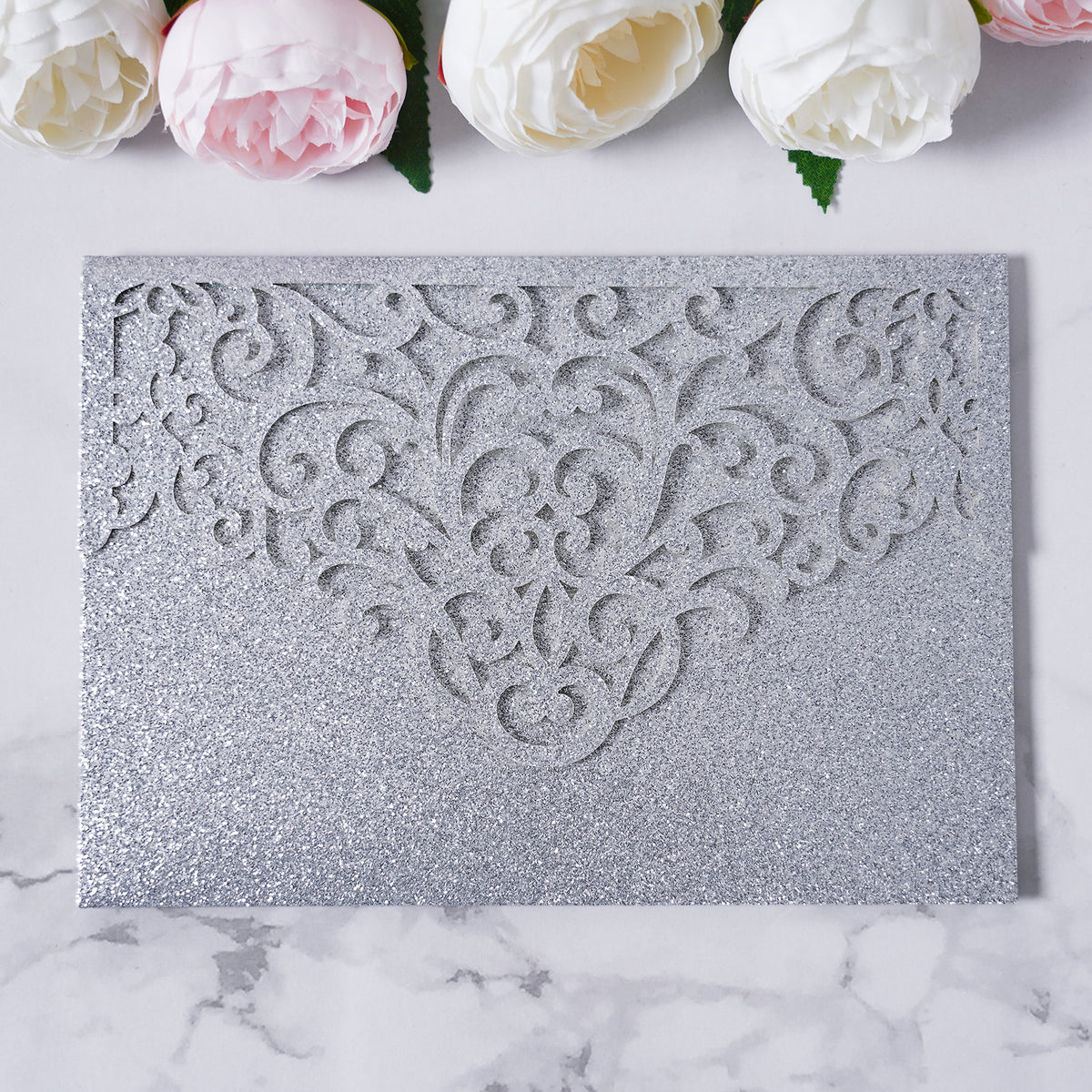 PONATIA  20PCS Silver Laser Cut Wedding Invitations Pockets