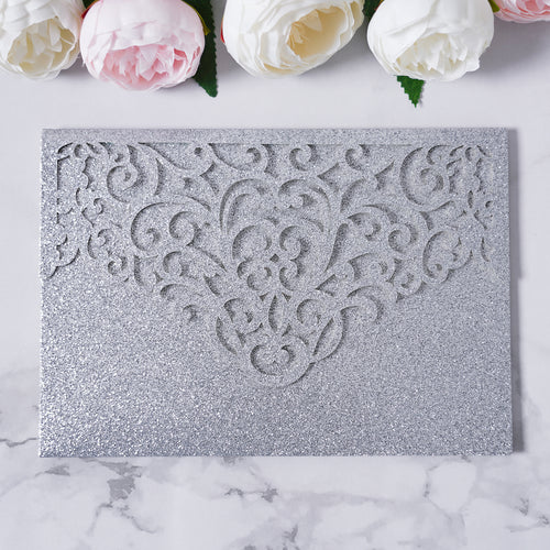 PONATIA  20PCS Silver Laser Cut Wedding Invitations Pockets