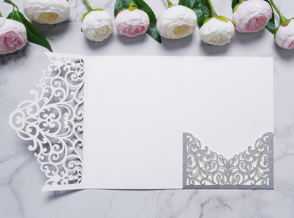 PONATIA  20PCS Silver Laser Cut Wedding Invitations Pockets