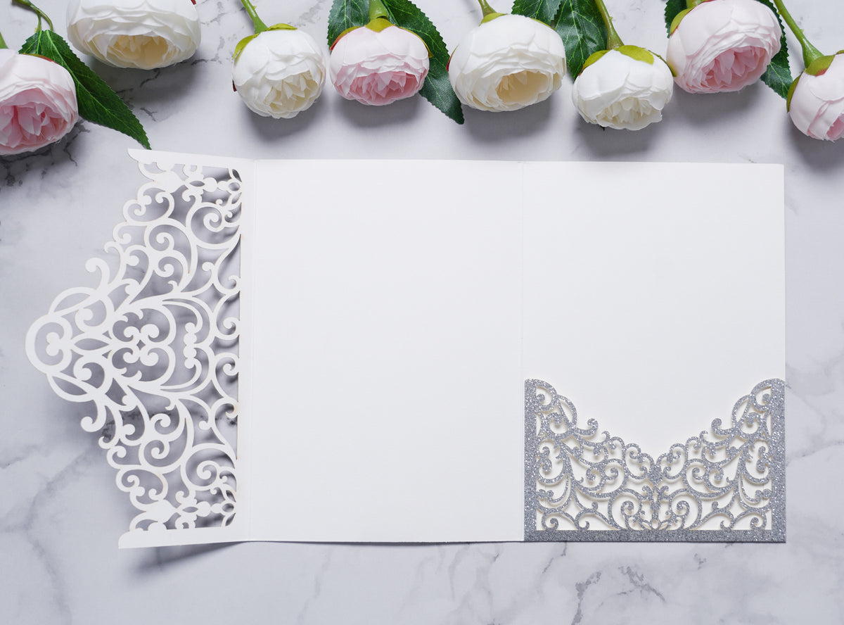 PONATIA  20PCS Silver Laser Cut Wedding Invitations Pockets
