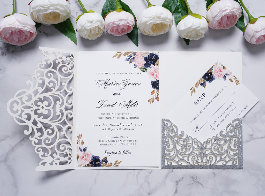 PONATIA  20PCS Silver Laser Cut Wedding Invitations Pockets