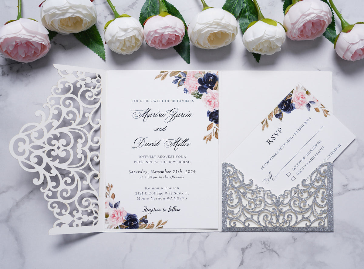 PONATIA  20PCS Silver Laser Cut Wedding Invitations Pockets