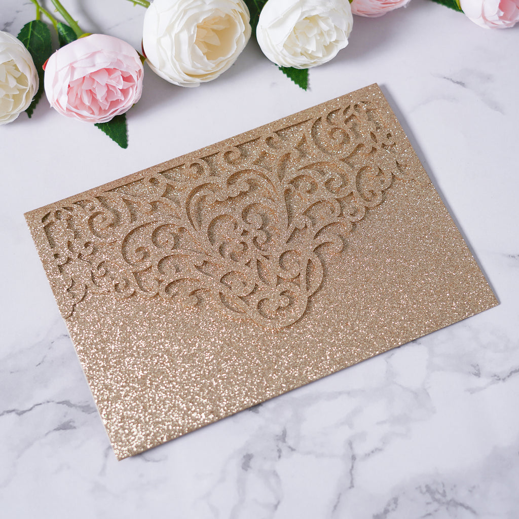 PONATIA  20PCS Gold Glitter Laser Cut Wedding Invitations Pockets
