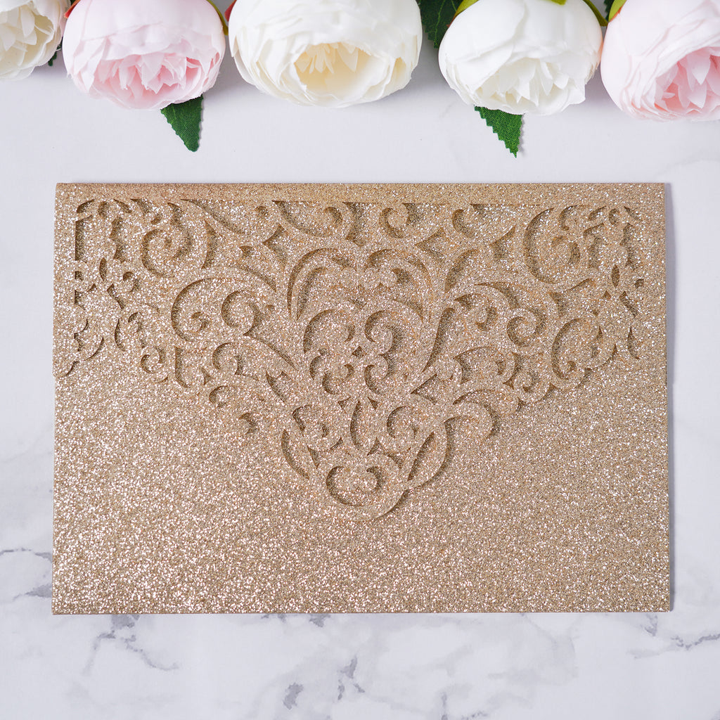 PONATIA  20PCS Gold Glitter Laser Cut Wedding Invitations Pockets