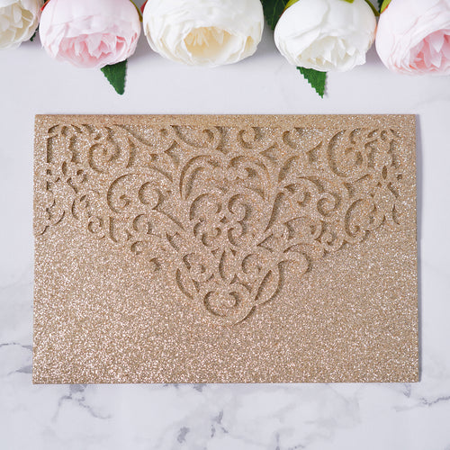 PONATIA  20PCS Gold Glitter Laser Cut Wedding Invitations Pockets
