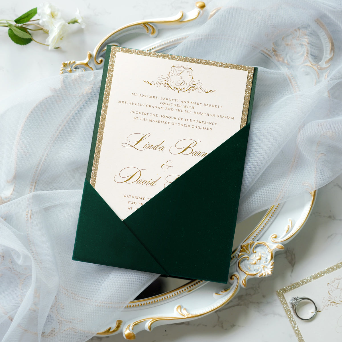 PONATIA Emerald Velvet Panel Pocket Wedding Invitation Cards with Envelopes