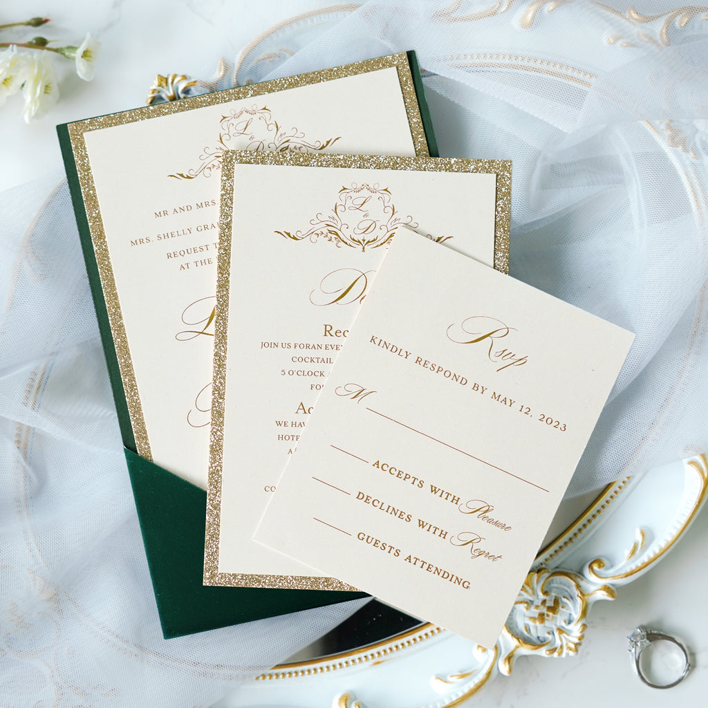 PONATIA Emerald Velvet Panel Pocket Wedding Invitation Cards with Envelopes