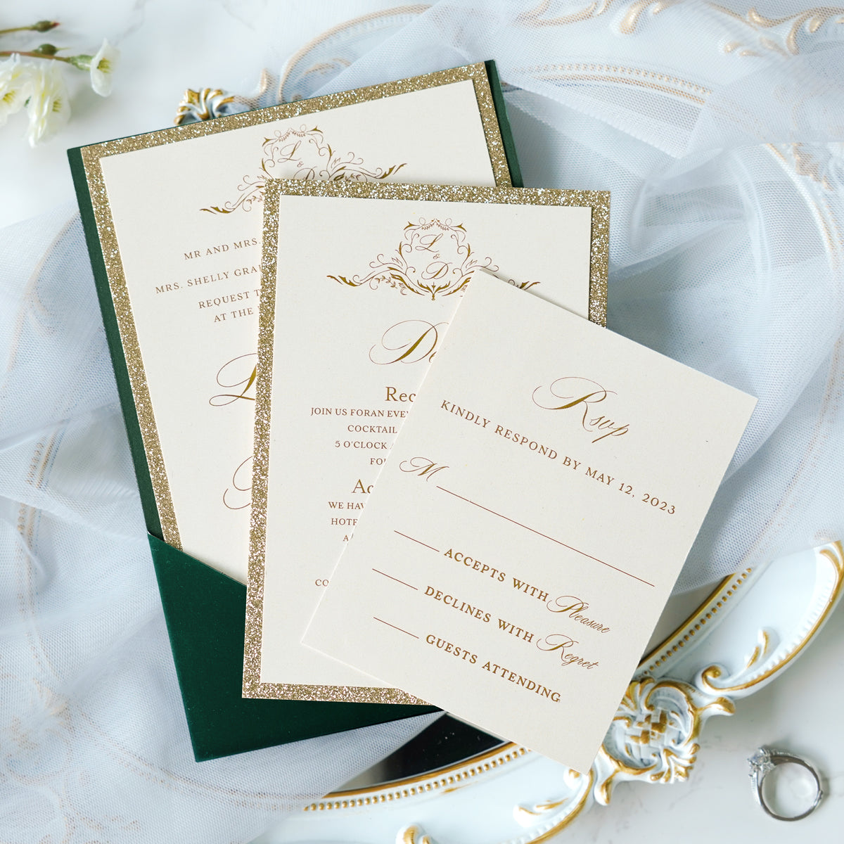 PONATIA Emerald Velvet Panel Pocket Wedding Invitation Cards with Envelopes