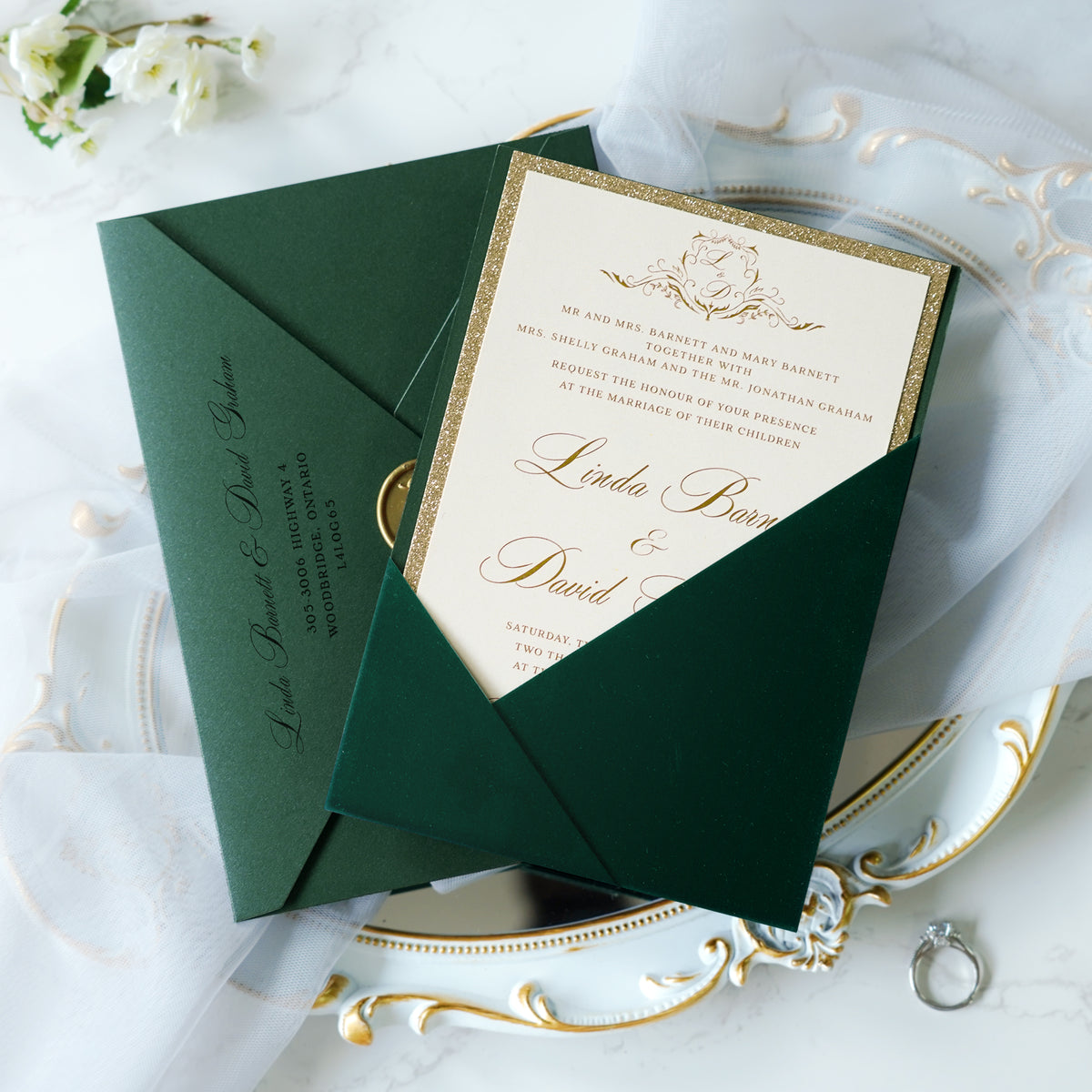 PONATIA Emerald Velvet Panel Pocket Wedding Invitation Cards with Envelopes