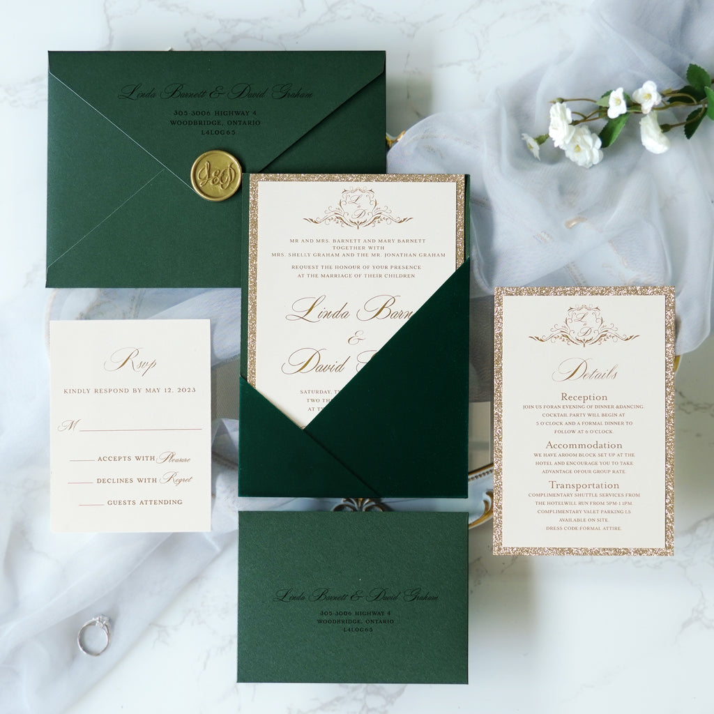 PONATIA Emerald Velvet Panel Pocket Wedding Invitation Cards with Envelopes