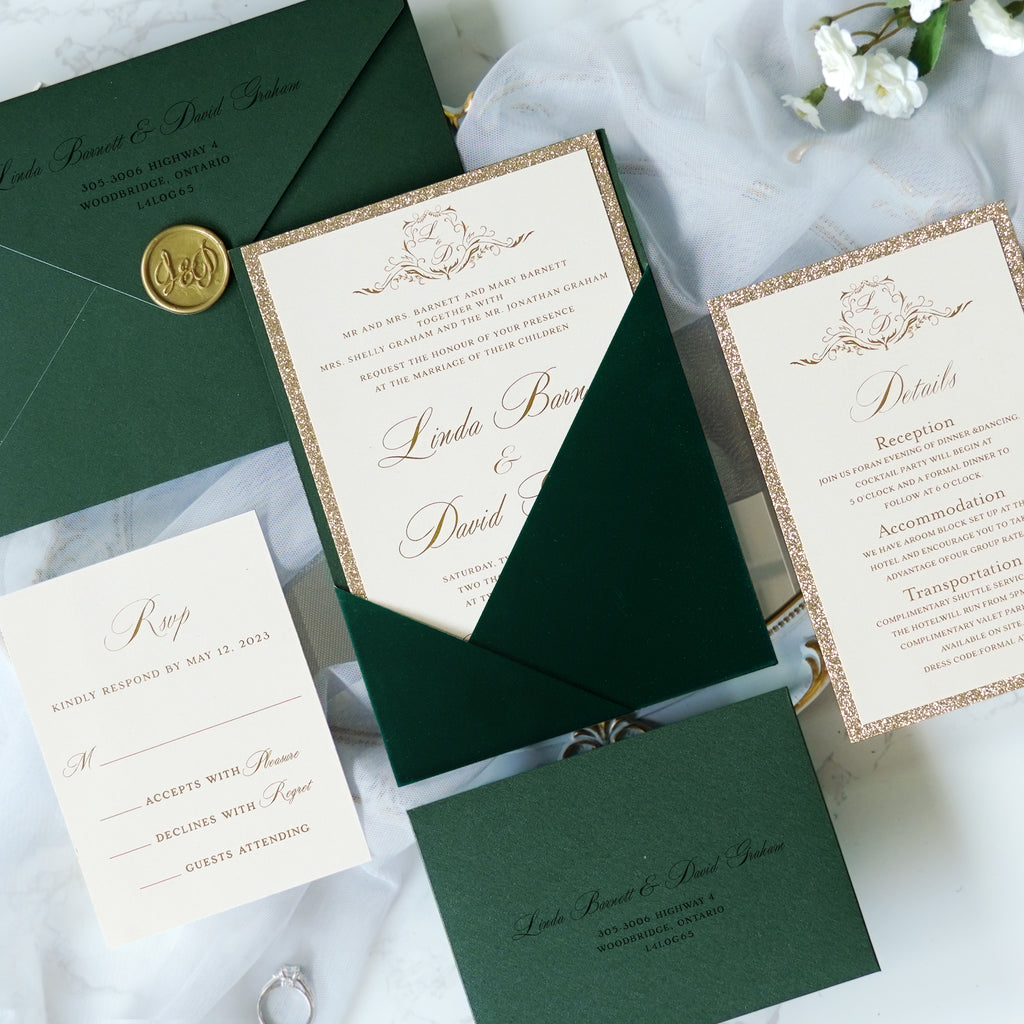 PONATIA Emerald Velvet Panel Pocket Wedding Invitation Cards with Envelopes