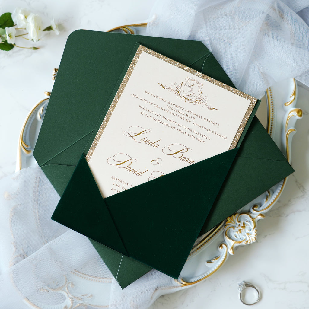PONATIA Emerald Velvet Panel Pocket Wedding Invitation Cards with Envelopes