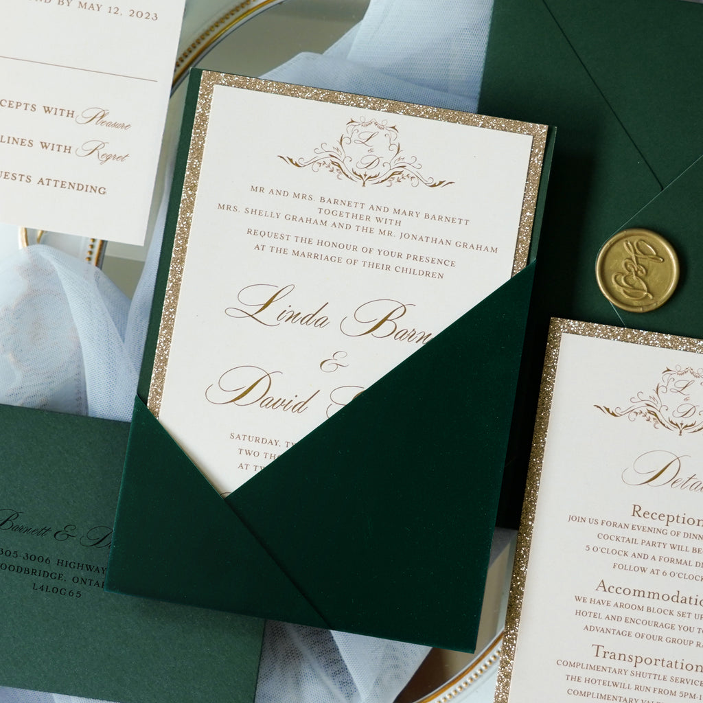 PONATIA Emerald Velvet Panel Pocket Wedding Invitation Cards with Envelopes
