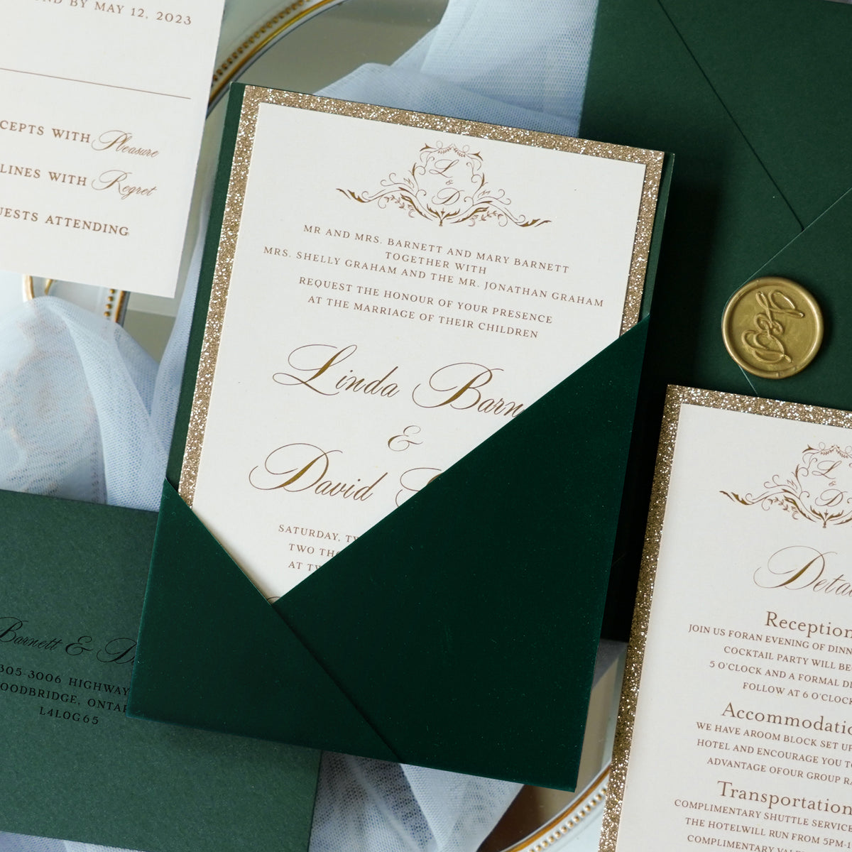 PONATIA Emerald Velvet Panel Pocket Wedding Invitation Cards with Envelopes