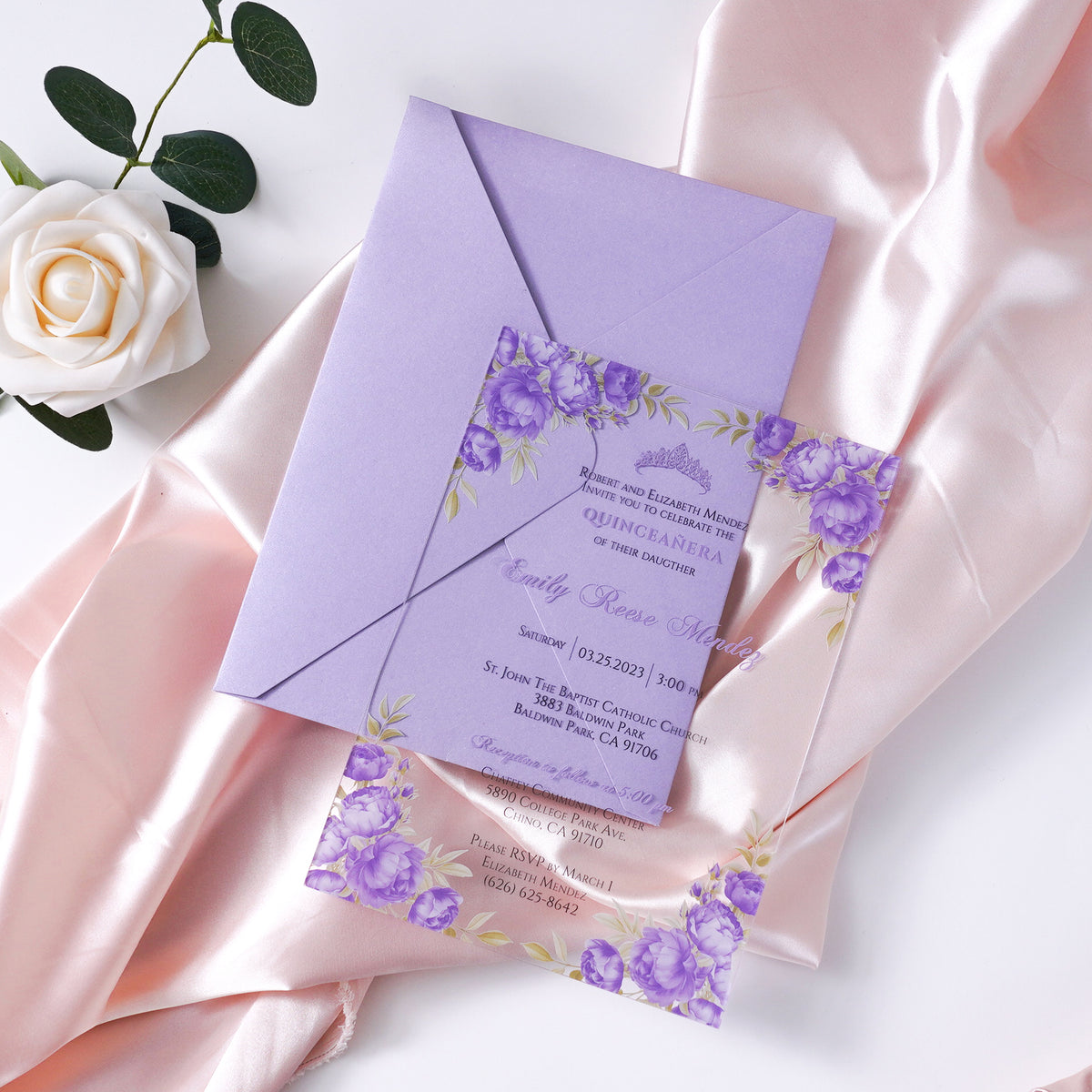 PONATIA 1mm/0.04" Lilac Clear Acrylic Quinceanera Invitation Cards with Envelopes