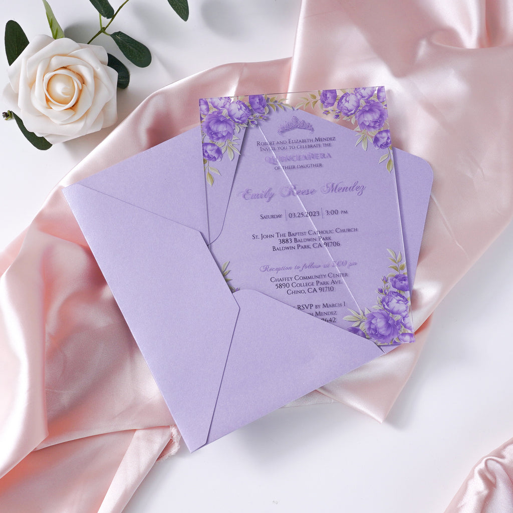 PONATIA 1mm/0.04" Lilac Clear Acrylic Quinceanera Invitation Cards with Envelopes