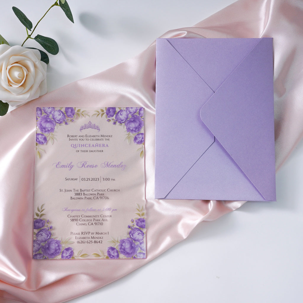 PONATIA 1mm/0.04" Lilac Clear Acrylic Quinceanera Invitation Cards with Envelopes