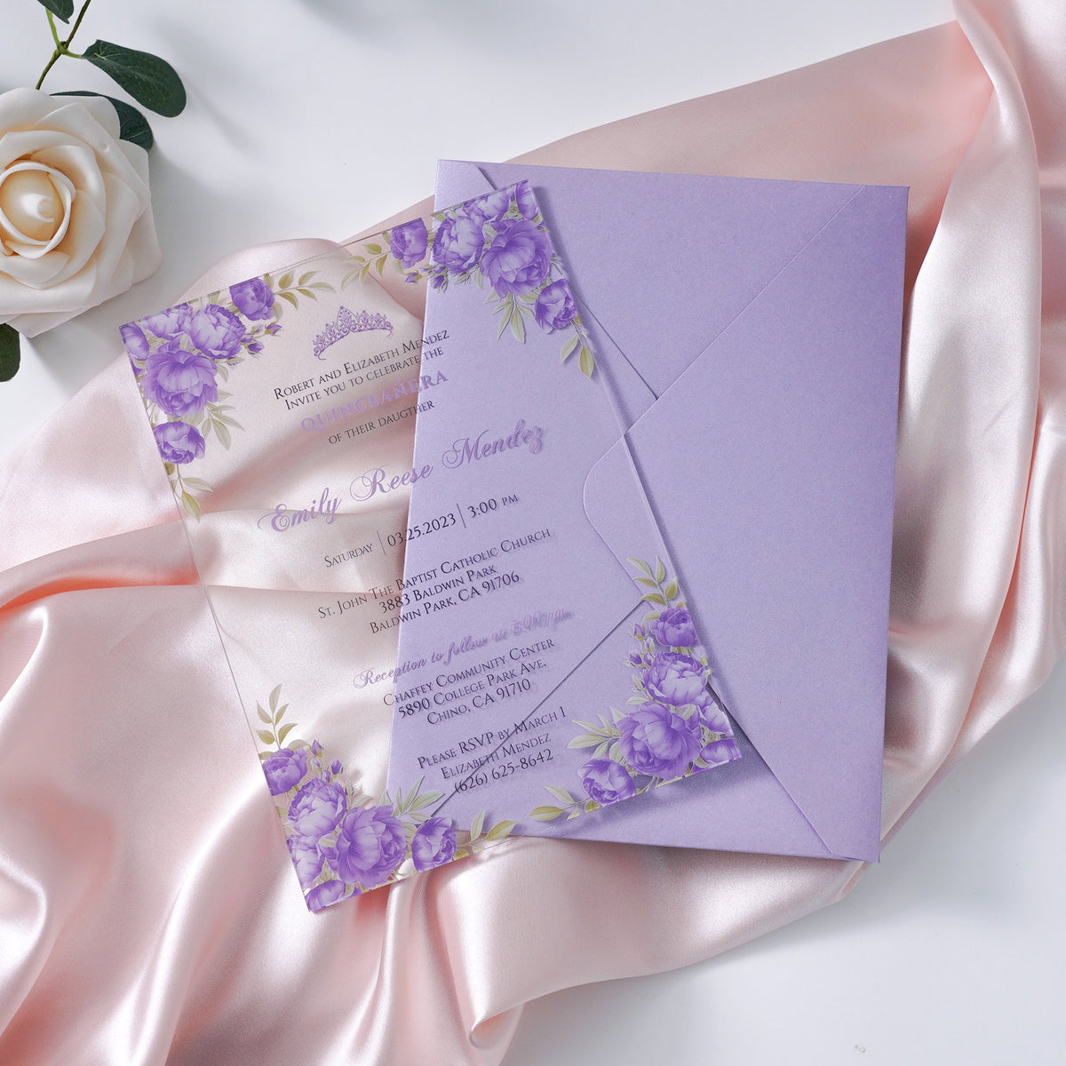 PONATIA 1mm/0.04" Lilac Clear Acrylic Quinceanera Invitation Cards with Envelopes