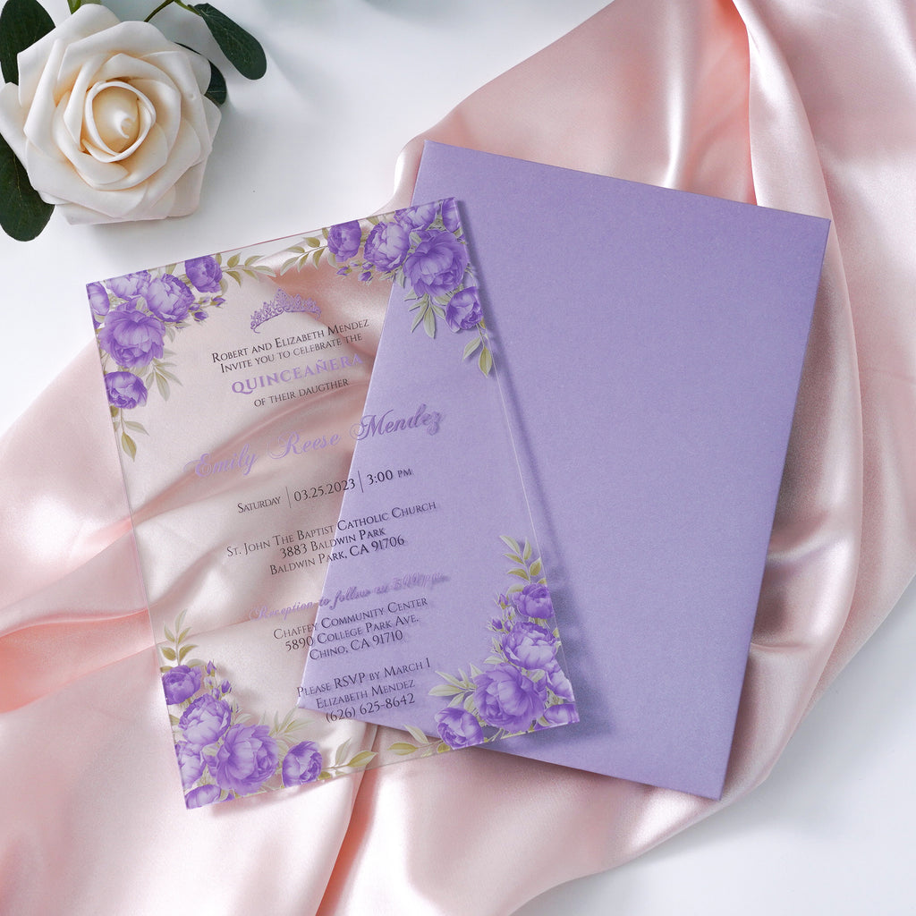 PONATIA 1mm/0.04" Lilac Clear Acrylic Quinceanera Invitation Cards with Envelopes