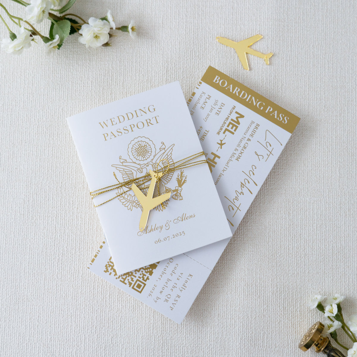 PONATIA White Wedding Passport Invite & Mirror Tag Passport Invitation Suite