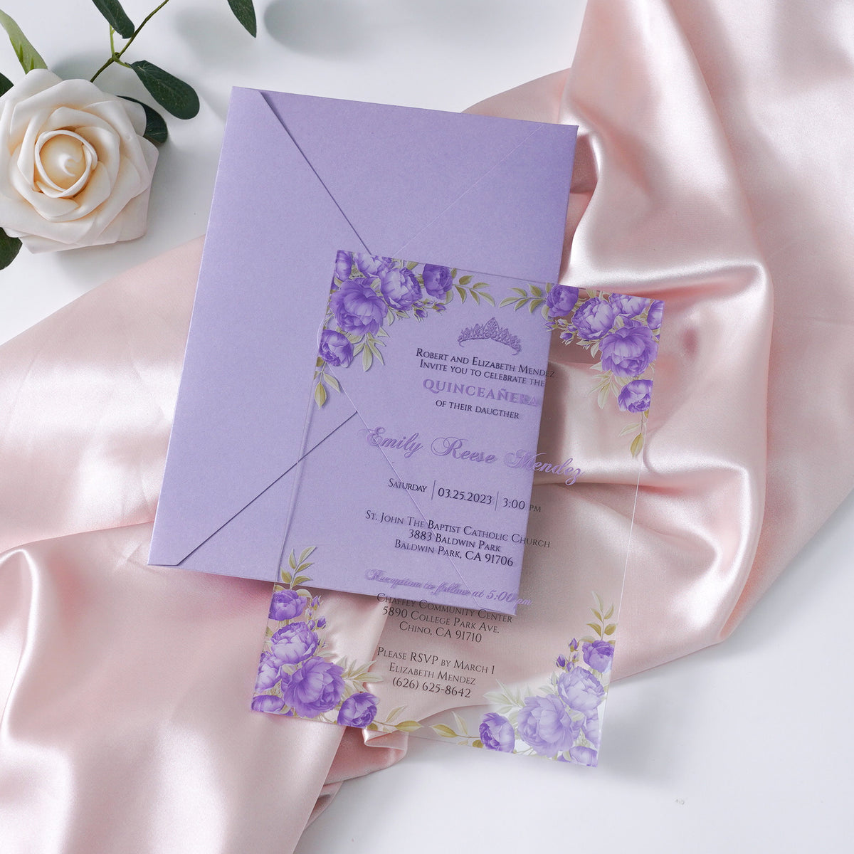 PONATIA 1mm/0.04" Lilac Clear Acrylic Quinceanera Invitation Cards with Envelopes
