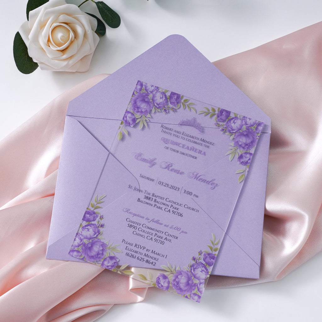 PONATIA 1mm/0.04" Lilac Clear Acrylic Quinceanera Invitation Cards with Envelopes