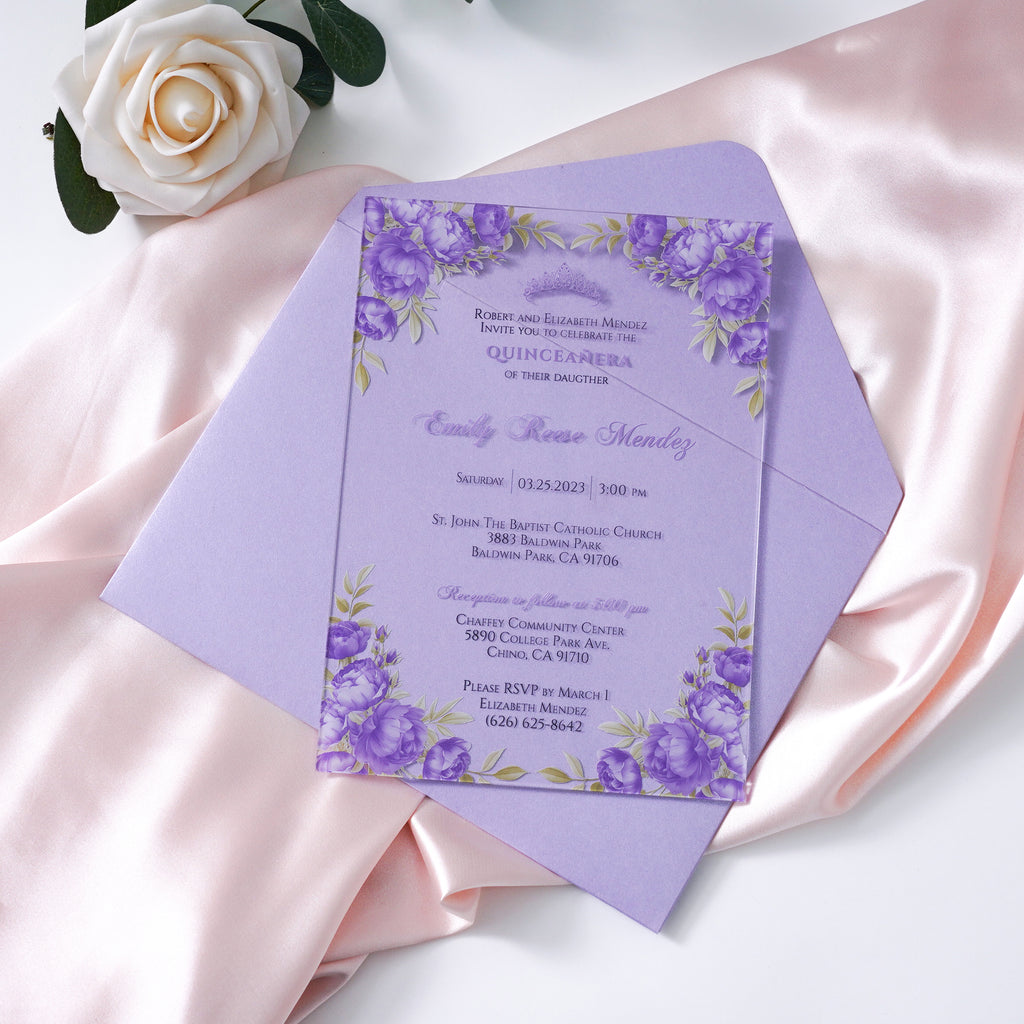 PONATIA 1mm/0.04" Lilac Clear Acrylic Quinceanera Invitation Cards with Envelopes