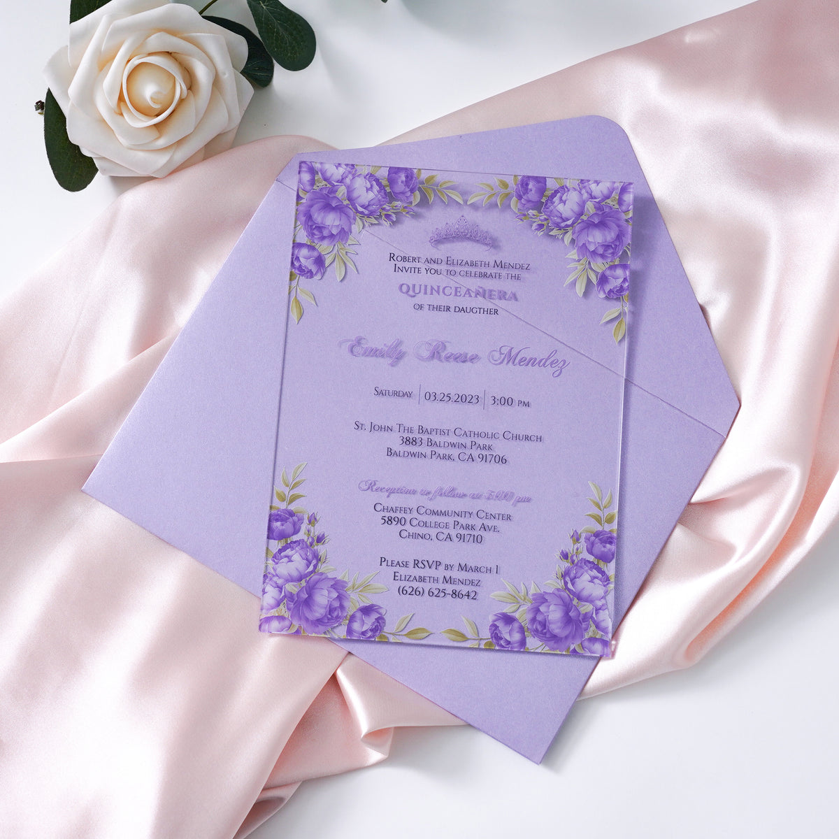 PONATIA 1mm/0.04" Lilac Clear Acrylic Quinceanera Invitation Cards with Envelopes