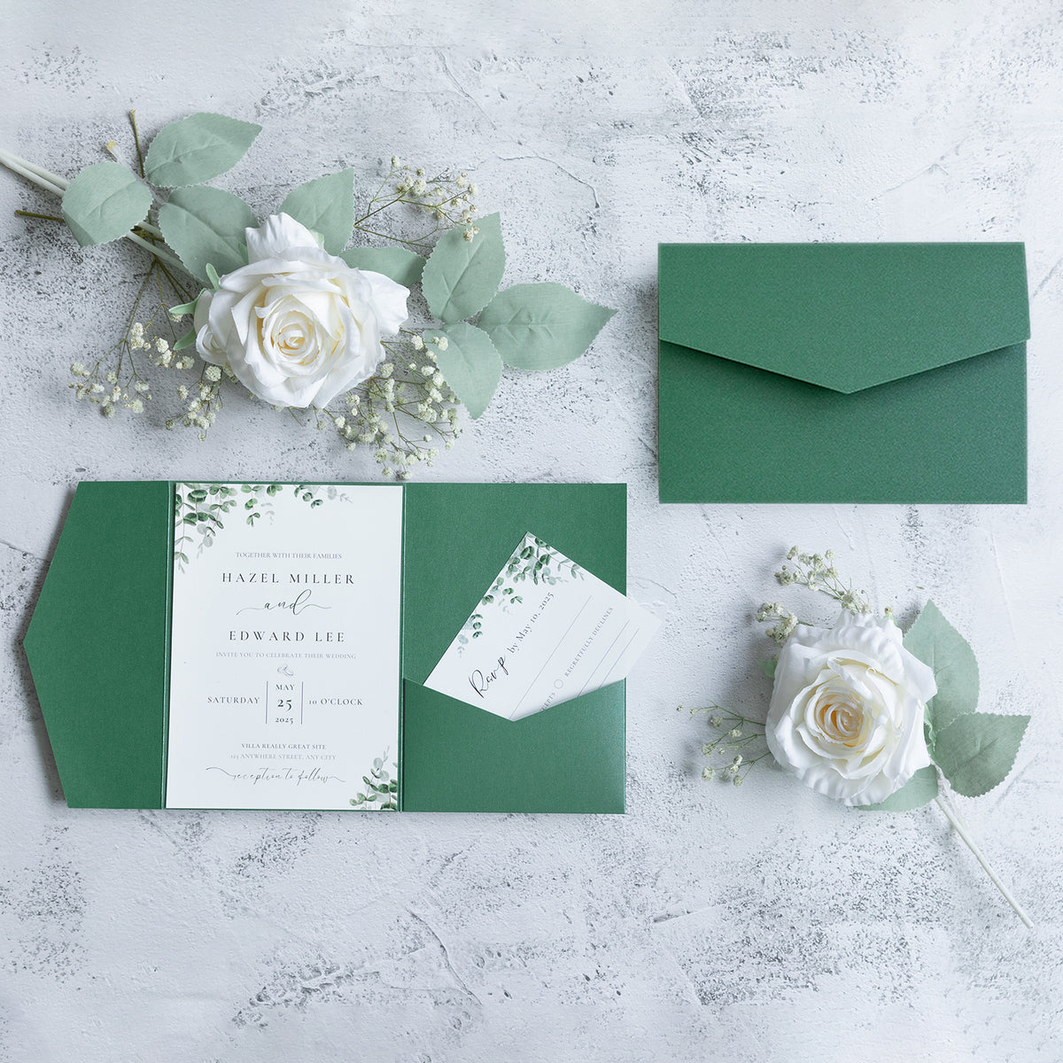 PONATIA 20 PCS Emerald Green Tri-fold Wedding Invitation Pockets for 5x7 Wedding Cards