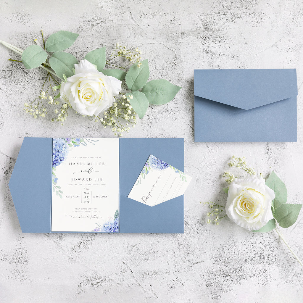 PONATIA 20 PCS Dusty Blue Tri-fold Wedding Invitation Pockets for 5x7 Wedding Cards