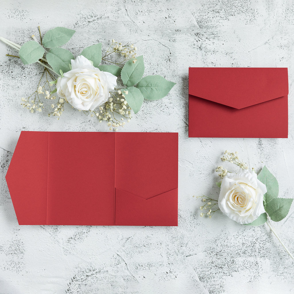 PONATIA 20 PCS Red Tri-fold Wedding Invitation Pockets for 5x7 Wedding Cards