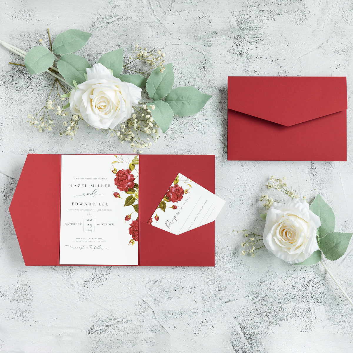 PONATIA 20 PCS Red Tri-fold Wedding Invitation Pockets for 5x7 Wedding Cards