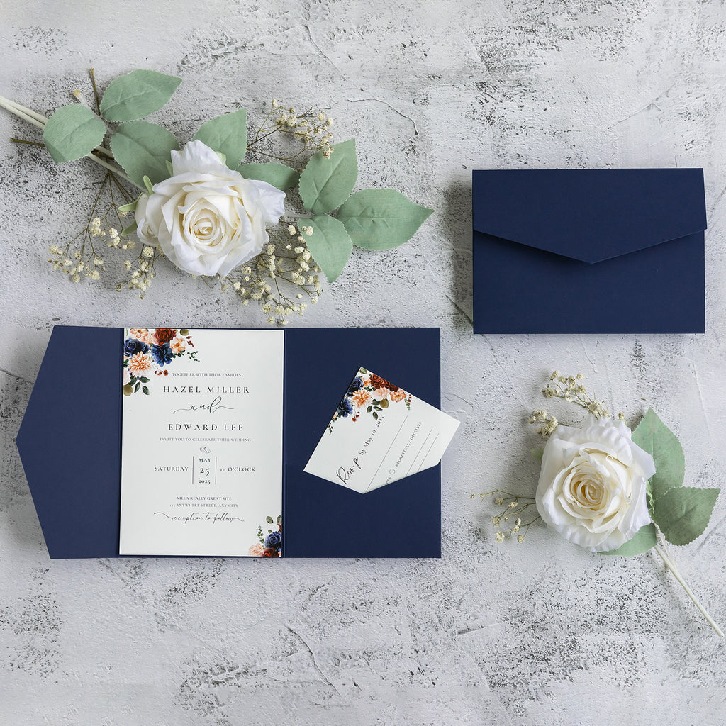 PONATIA 20 PCS Navy Blue Tri-fold Wedding Invitation Pockets for 5x7 Wedding Cards