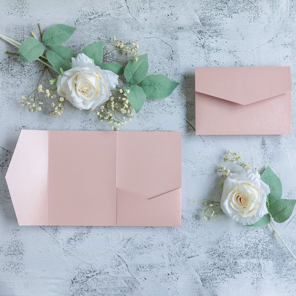 PONATIA 20 PCS Blush Pink Tri-fold Wedding Invitation Pockets for 5x7 Wedding Cards