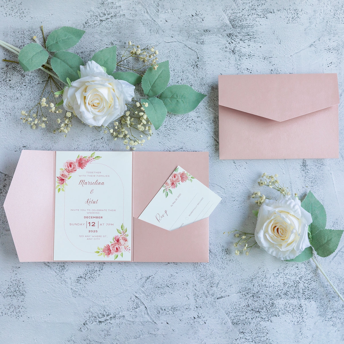 PONATIA 20 PCS Blush Pink Tri-fold Wedding Invitation Pockets for 5x7 Wedding Cards