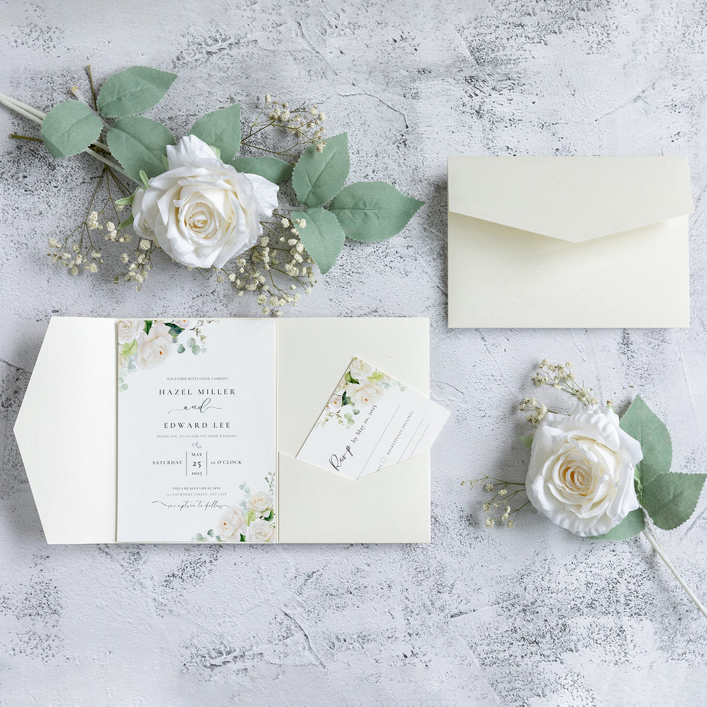 PONATIA 20 PCS Ivory Tri-fold Wedding Invitation Pockets for 5x7 Wedding Cards