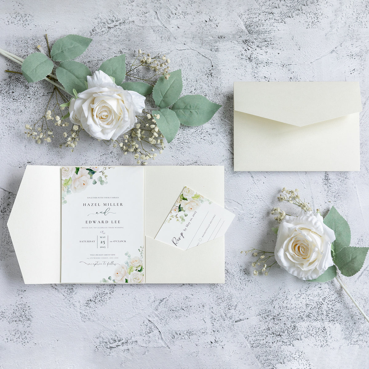 PONATIA 20 PCS Ivory Tri-fold Wedding Invitation Pockets for 5x7 Wedding Cards