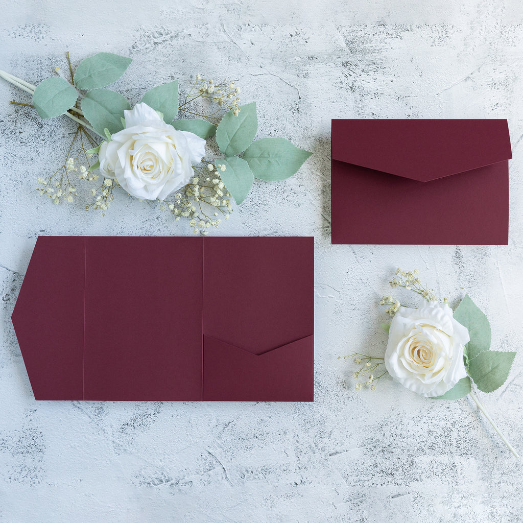 PONATIA 20 PCS Burgundy Tri-fold Wedding Invitation Pockets for 5x7 Wedding Cards