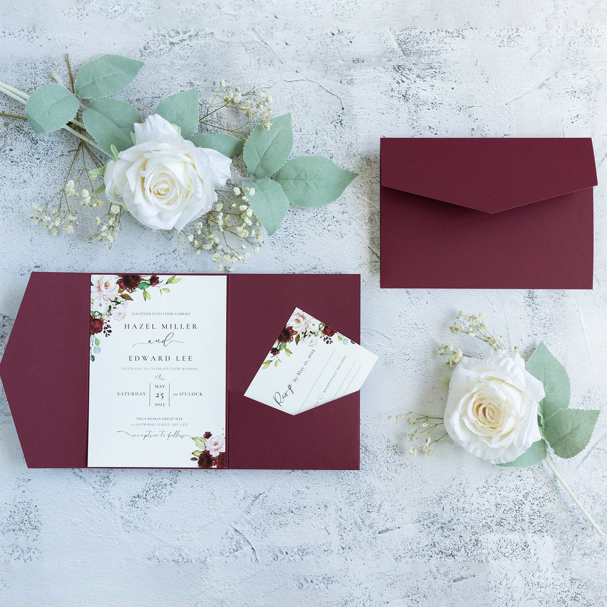 PONATIA 20 PCS Burgundy Tri-fold Wedding Invitation Pockets for 5x7 Wedding Cards