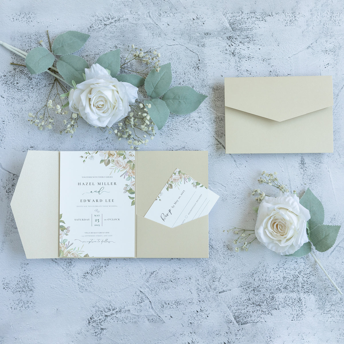 PONATIA 20 PCS Champagne Tri-fold Wedding Invitation Pockets for 5x7 Wedding Cards