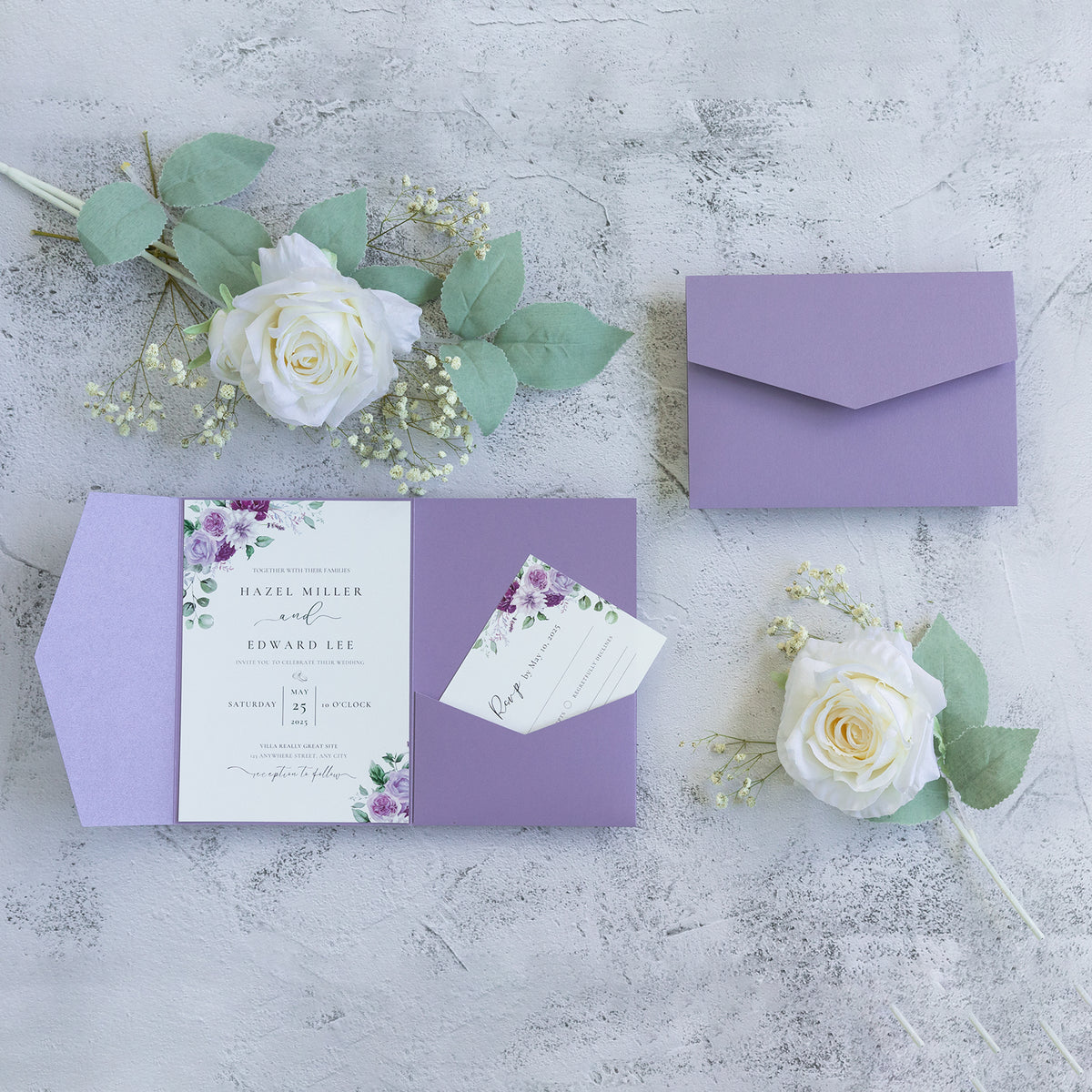 PONATIA 20 PCS Lilac Tri-fold Wedding Invitation Pockets for 5x7 Wedding Cards