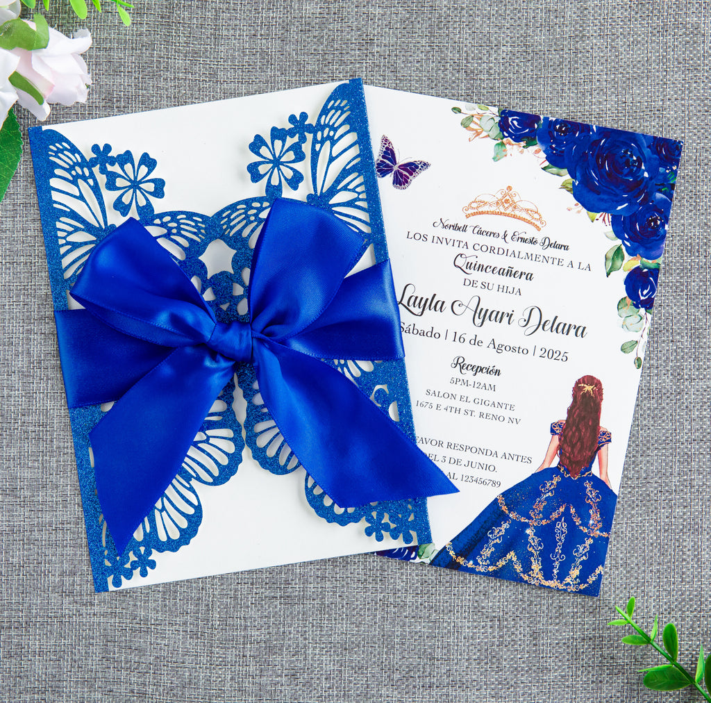 PONATIA Blue Glitter Butterfly Quinceanera Invitation, Laser Cut Wedding Invitation Cards with Envelopes