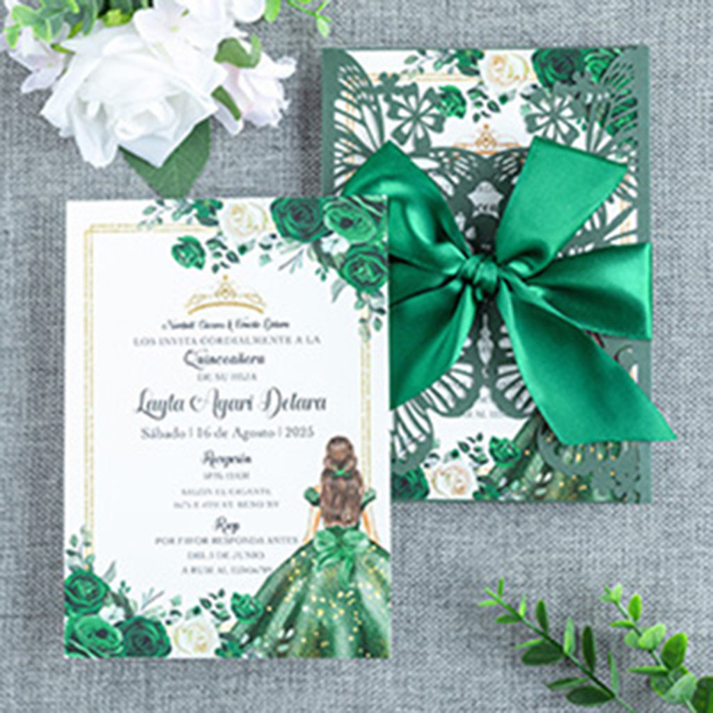 PONATIA Emerald Green Butterfly Quinceanera Invitation, Laser Cut Wedding Invitation Cards with Envelopes