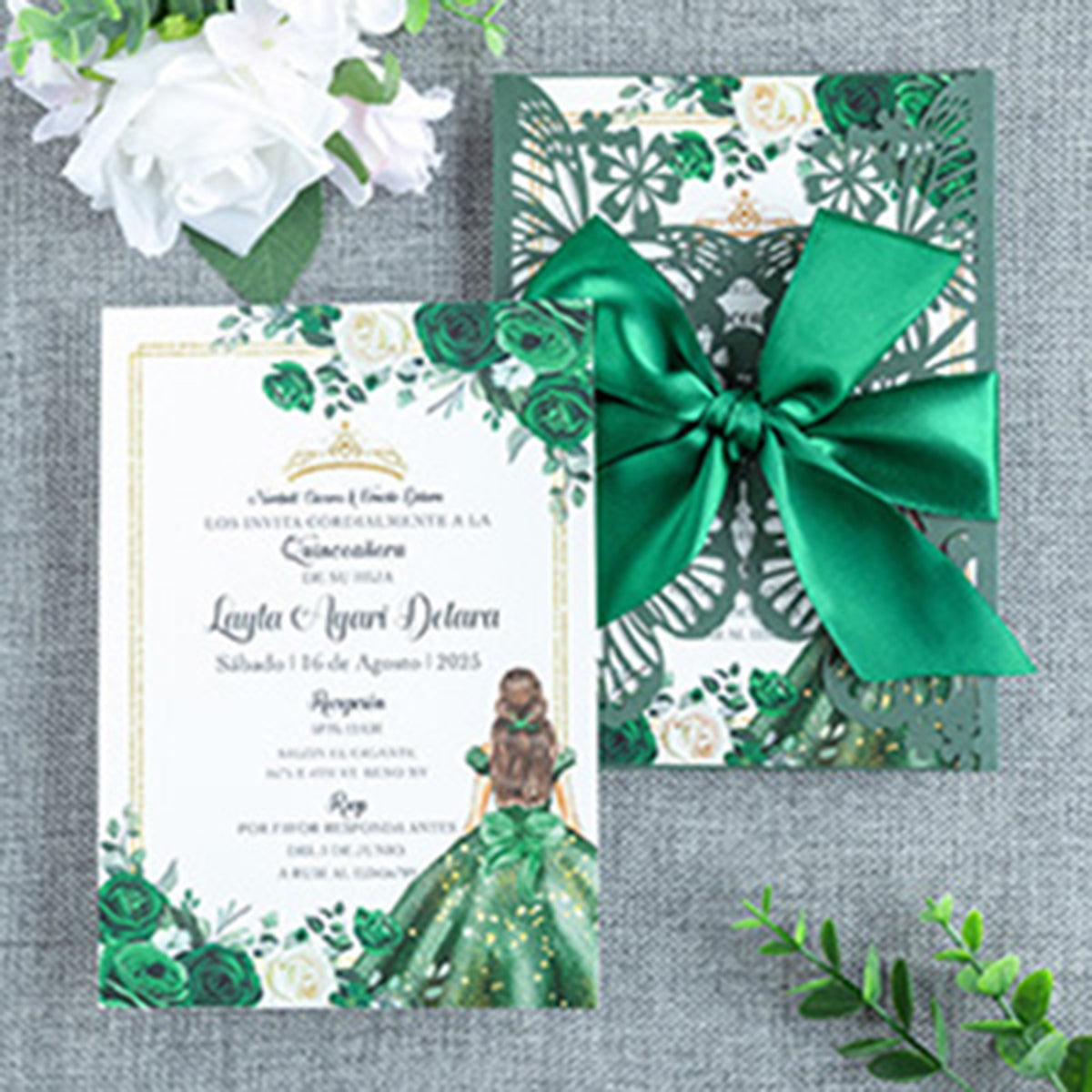 PONATIA Emerald Green Butterfly Quinceanera Invitation, Laser Cut Wedding Invitation Cards with Envelopes