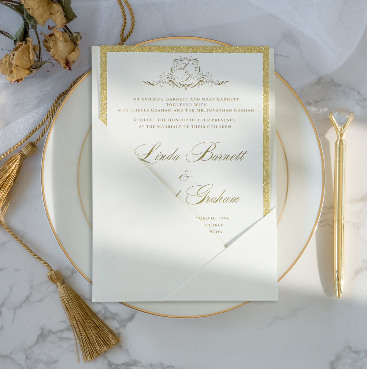 PONATIA Ivory Panel Pocket Wedding Invitation Cards with Envelopes